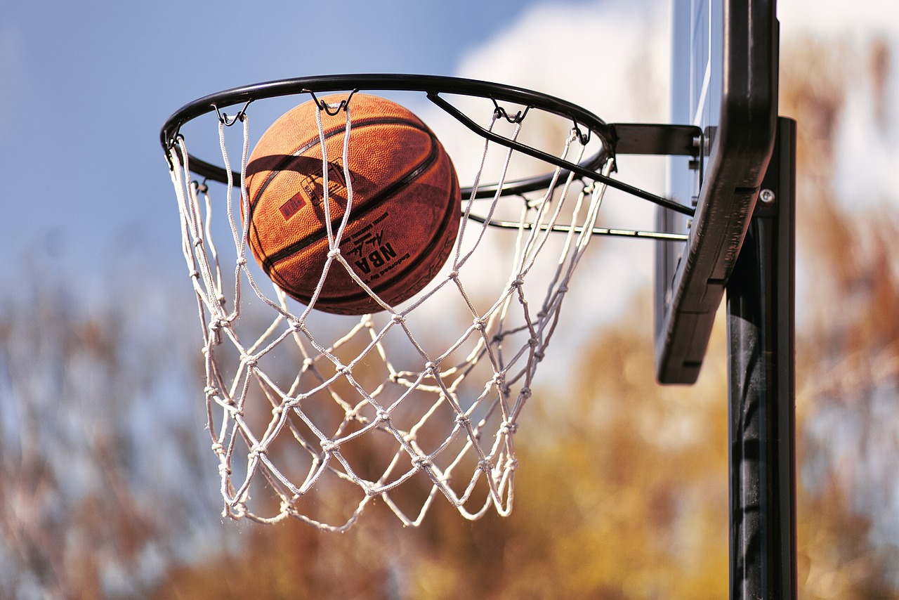 Basketball dropping through a hoop
